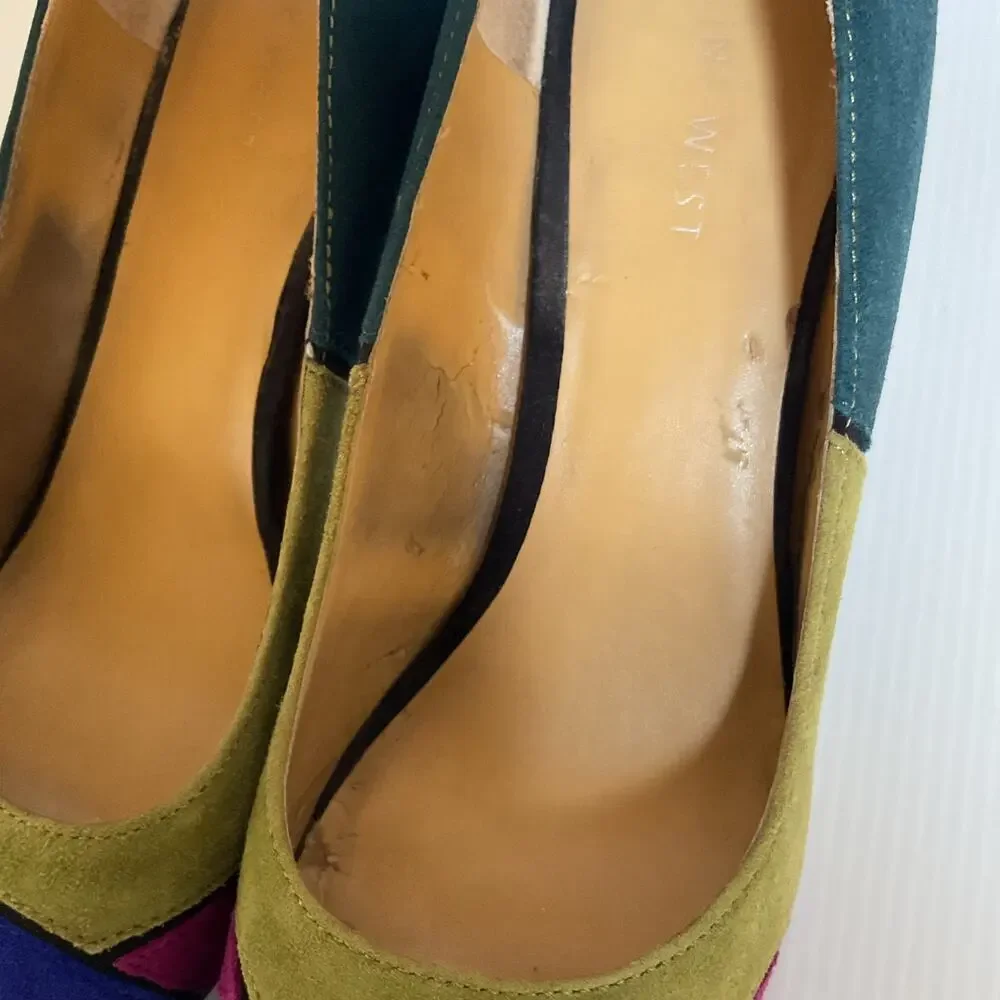 Vintage Nine West Multicolor Suede Patchwork  Retro Y2K  Peep Toe Heels  7.5M
